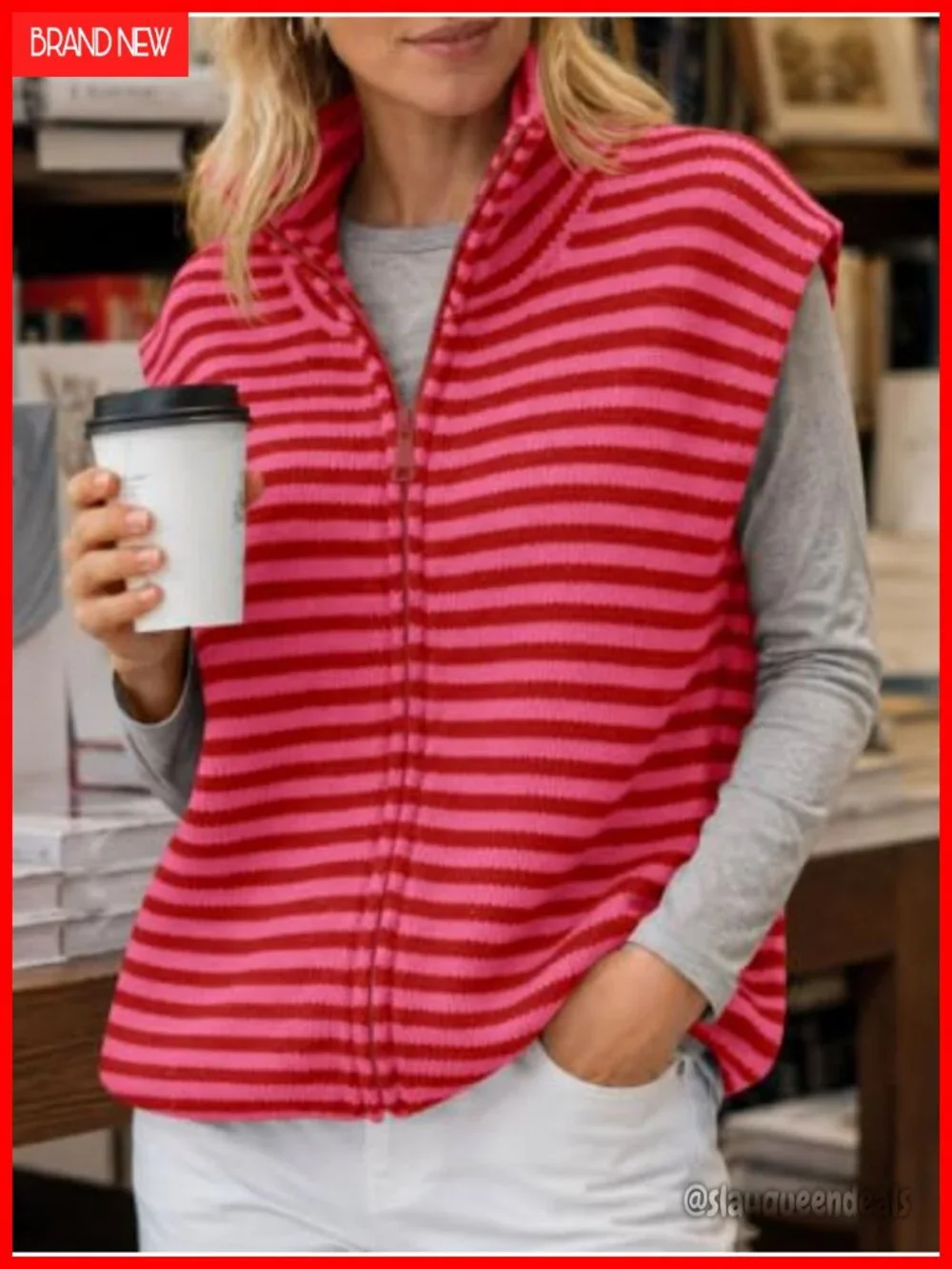 Women's Striped Zip Up Cardigan Sweater Mock Neck Cap Sleeve Knit Vest